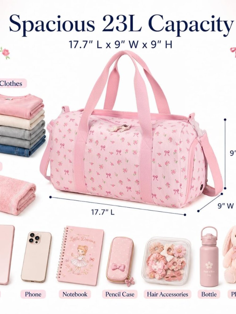 Duffle Bag Girls Kids Cute Gym Bag with Shoes Compartment & Wet Separation Water - Picture 2 of 9